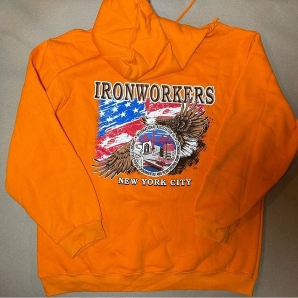 Bayside Ironworkers NYC Hoodie Orange American Flag Eagle Union Sweatshirt XL